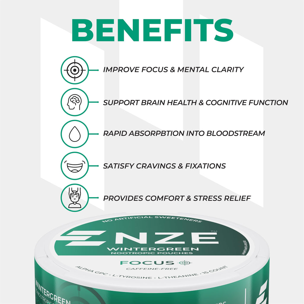 NZE Caffeine Free Nootropic Pouches (Wintergreen) - Nootropic Pouches with Alpha GPC, L-Tyrosine & L-Theanine - No Sugar or Artificial Sweeteners - 15 Pouches Per Can - 5 Pack NZE Au supplements