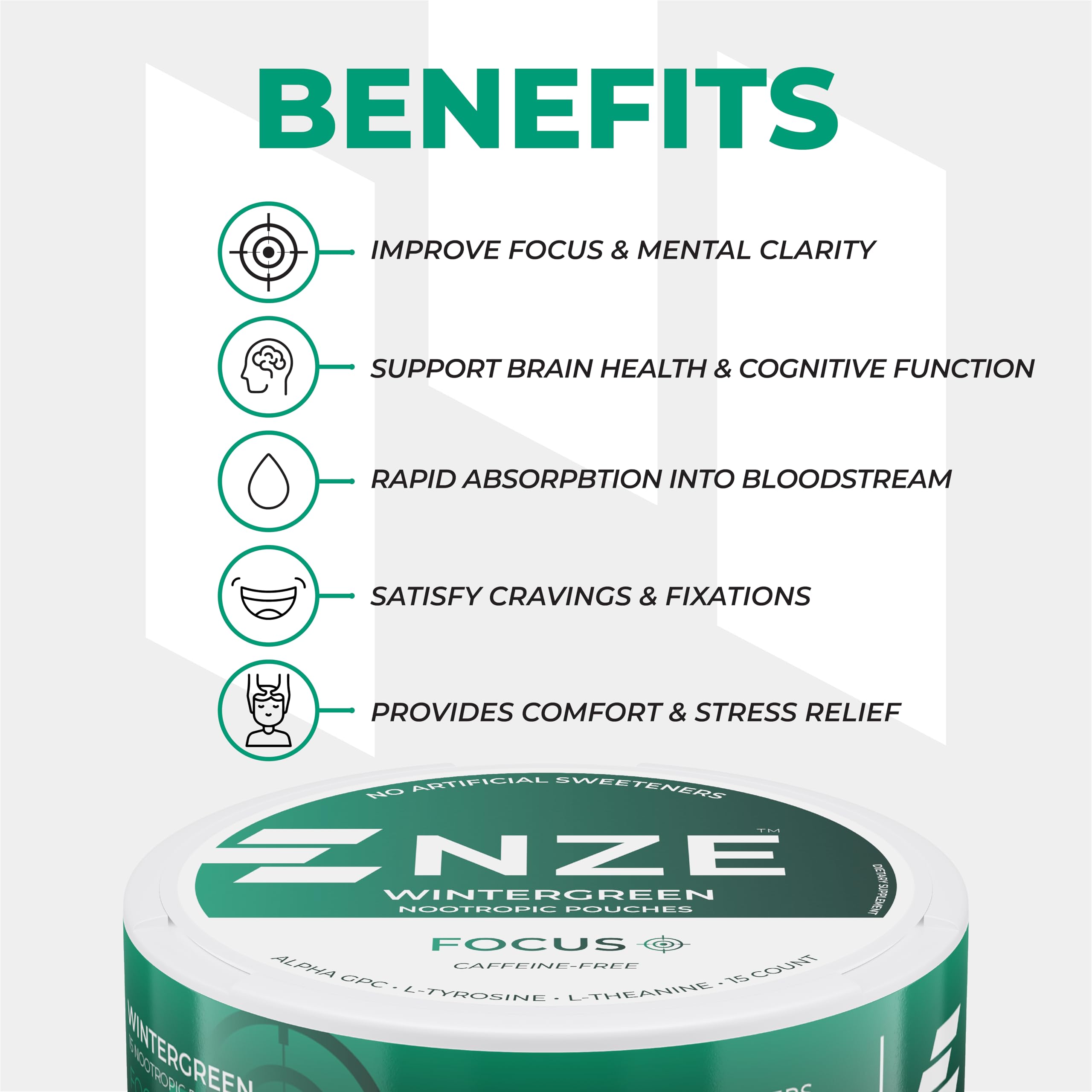 NZE Caffeine Free Nootropic Pouches (Wintergreen) - Nootropic Pouches with Alpha GPC, L-Tyrosine & L-Theanine - No Sugar or Artificial Sweeteners - 15 Pouches Per Can - 5 Pack NZE Au supplements