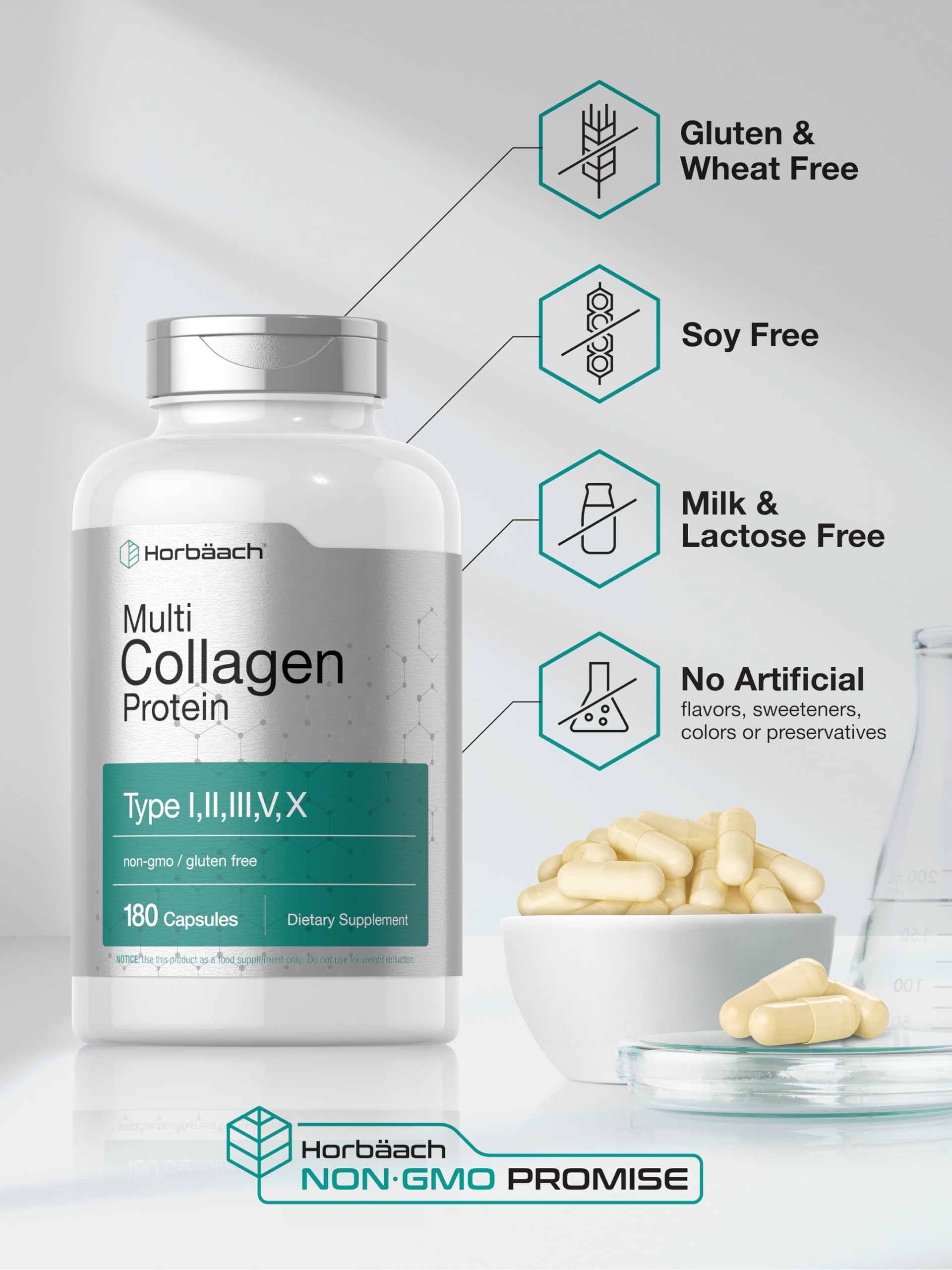 Horbäach Multi Collagen Protein 2000 mg | 180 Capsules | Hydrolyzed Collagen Type I, II, III, V, X | Keto & Paleo Friendly, Non-GMO, Gluten Free Supplement