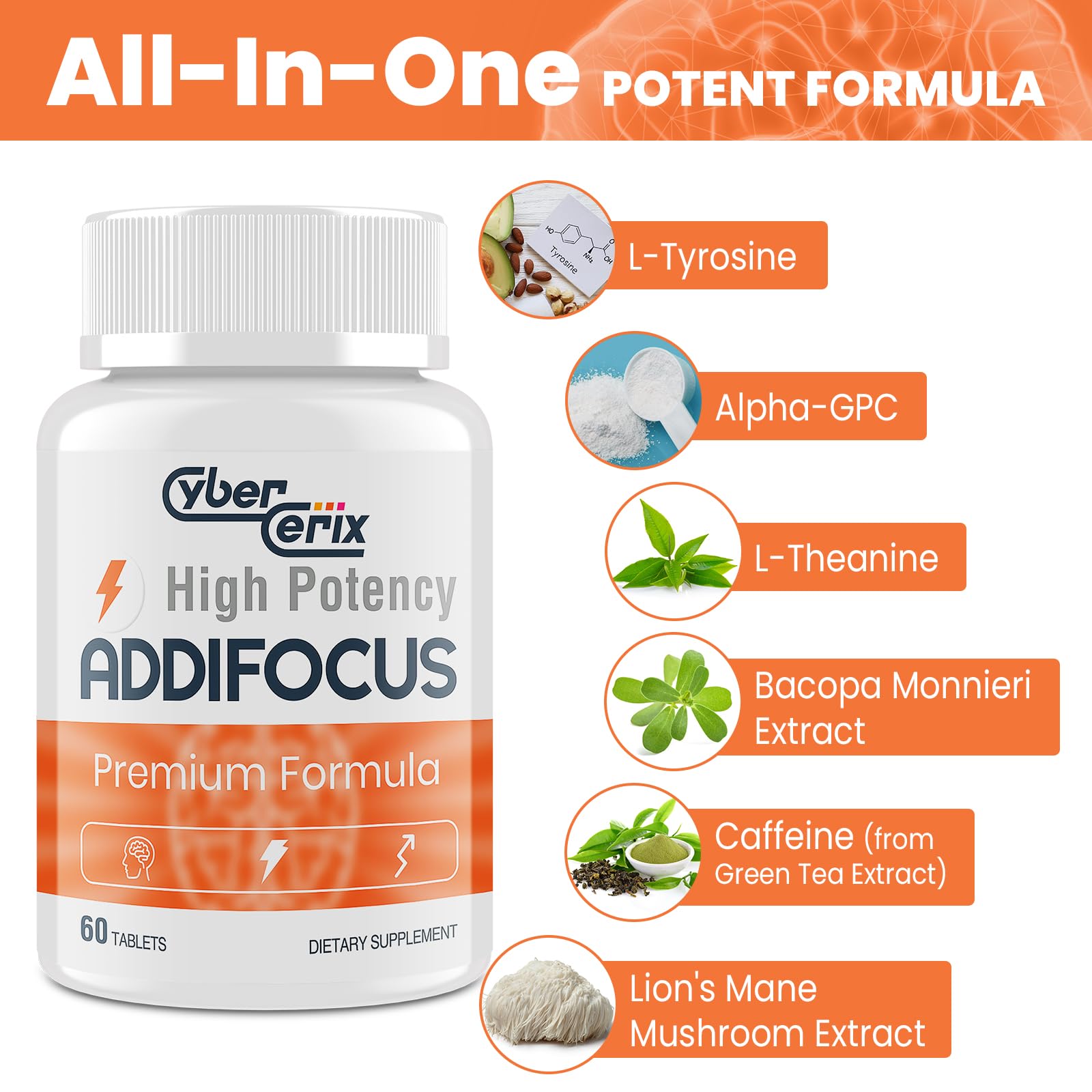 17-in-1  Supplement for Memory and Focus - Supplement for Concentration, Clarity, Energy & Focus - Natural Caffeine Blend with Vitamins, Amino Acids & Herbal Extracts - 60 Tablets