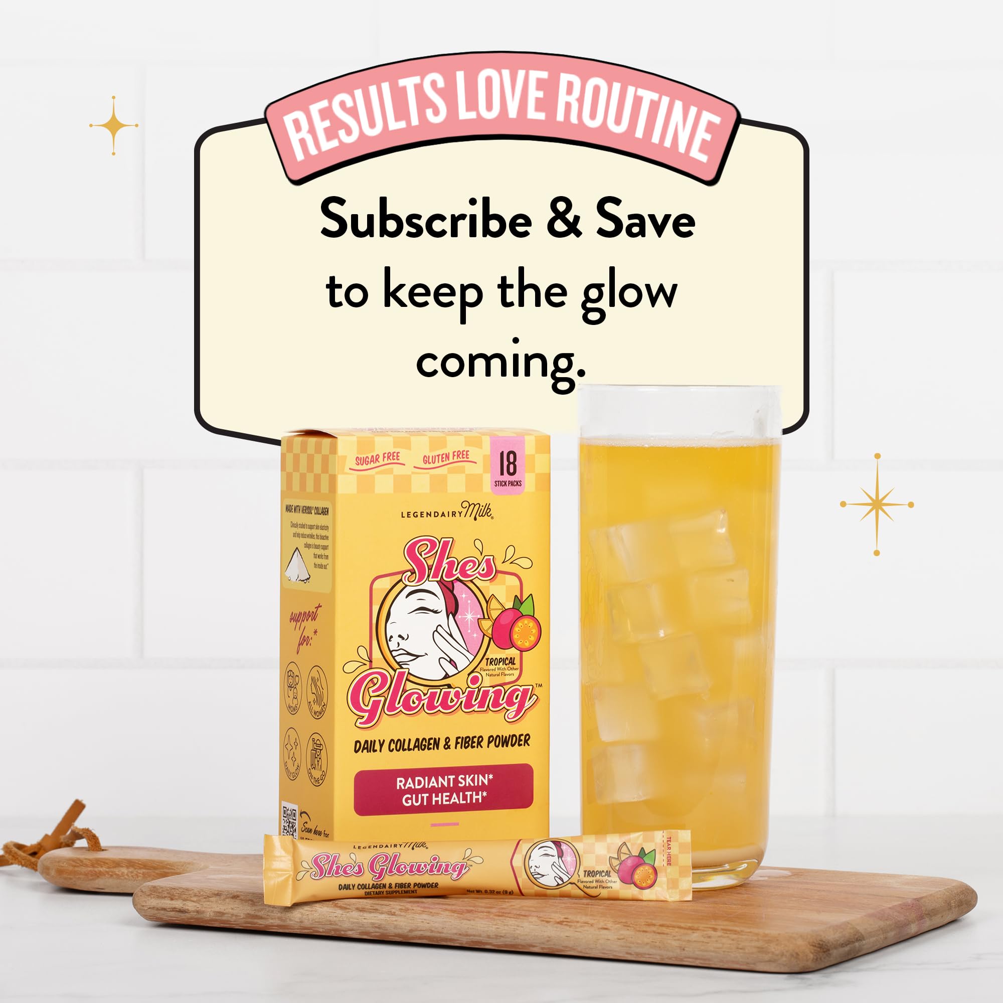 Legendairy Milk She’s Glowing Collagen Peptides Powder with Prebiotic Fiber, Tropical Drink Mix Supplement for Women,