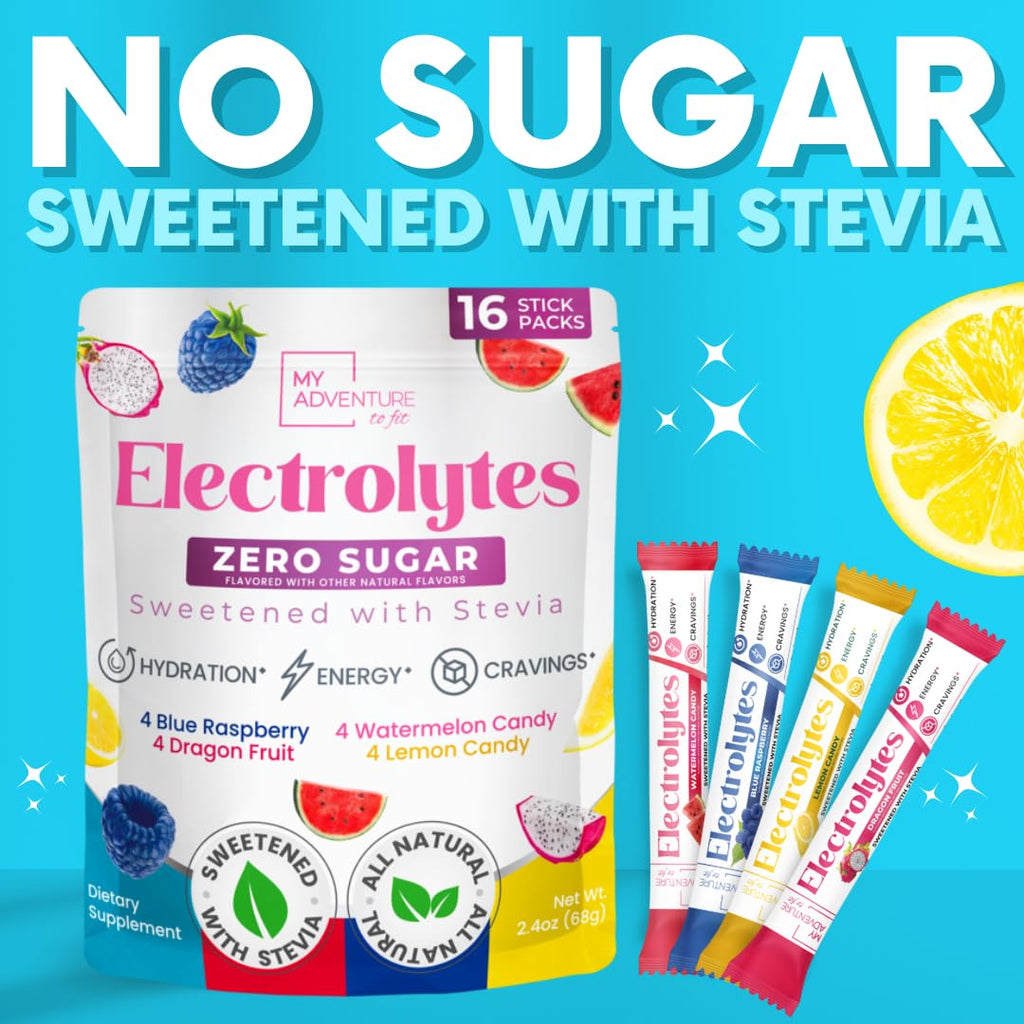My Adventure to Fit Electrolytes Powder Packets – 16 Sugar-Free Hydration Packets, Potassium Supplement, Watermelon Candy, Blue Raspberry, Lemon Candy, Dragon Fruit