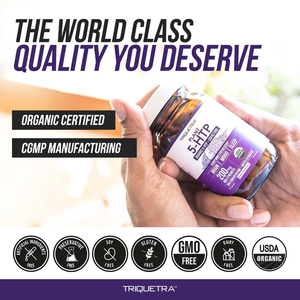 Organic 5-HTP - 200 mg | 99% 5HTP Concentration, Plus Cofactor Vitamin B6 & Lion’s Mane | Water Extracted from Organic Griffonia Seeds | Supports Mood