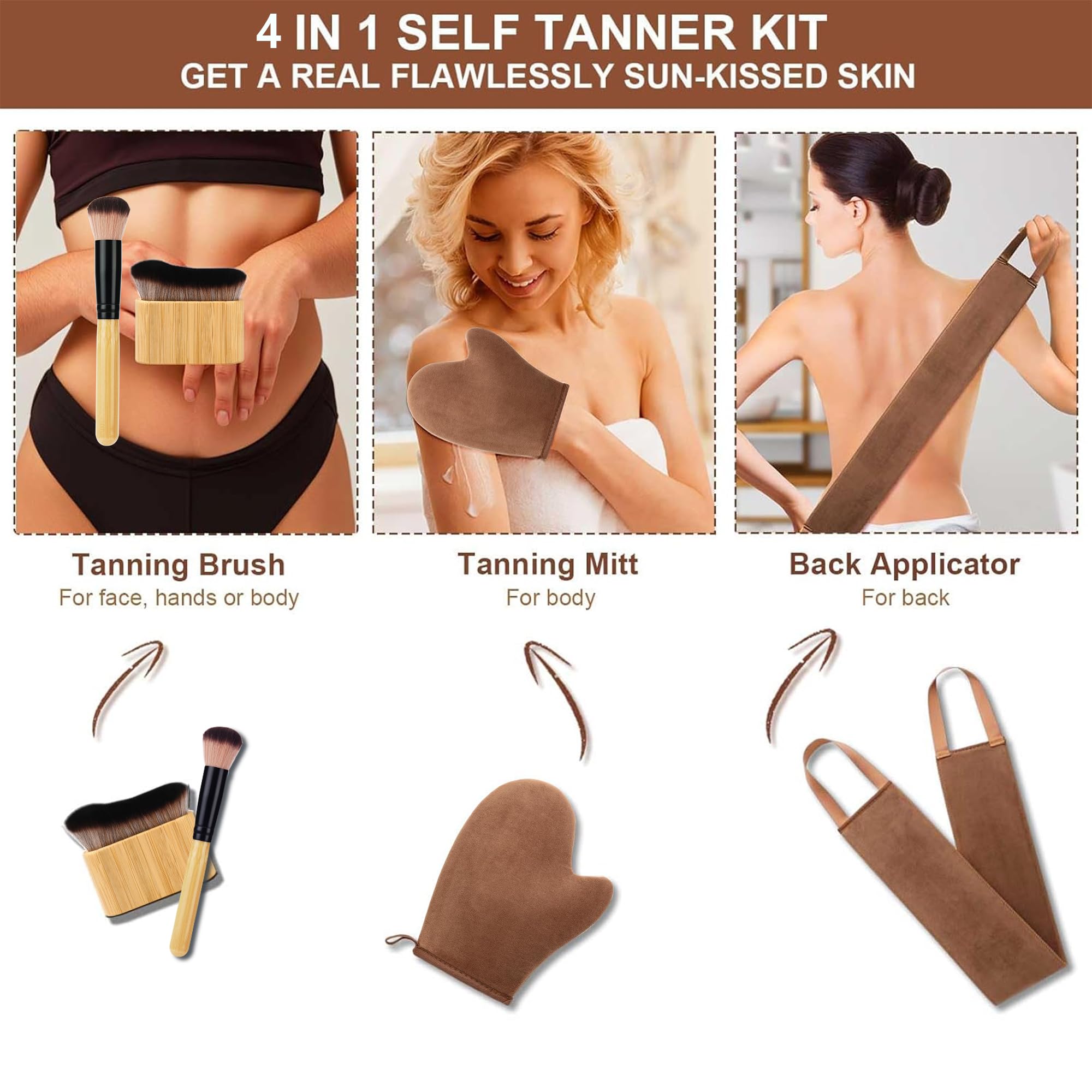 4 in 1 Luxury Velvet Tanning Mitt Self Tanning Mitt Applicator Self Tanner Brush Self Tanner Back Applicator