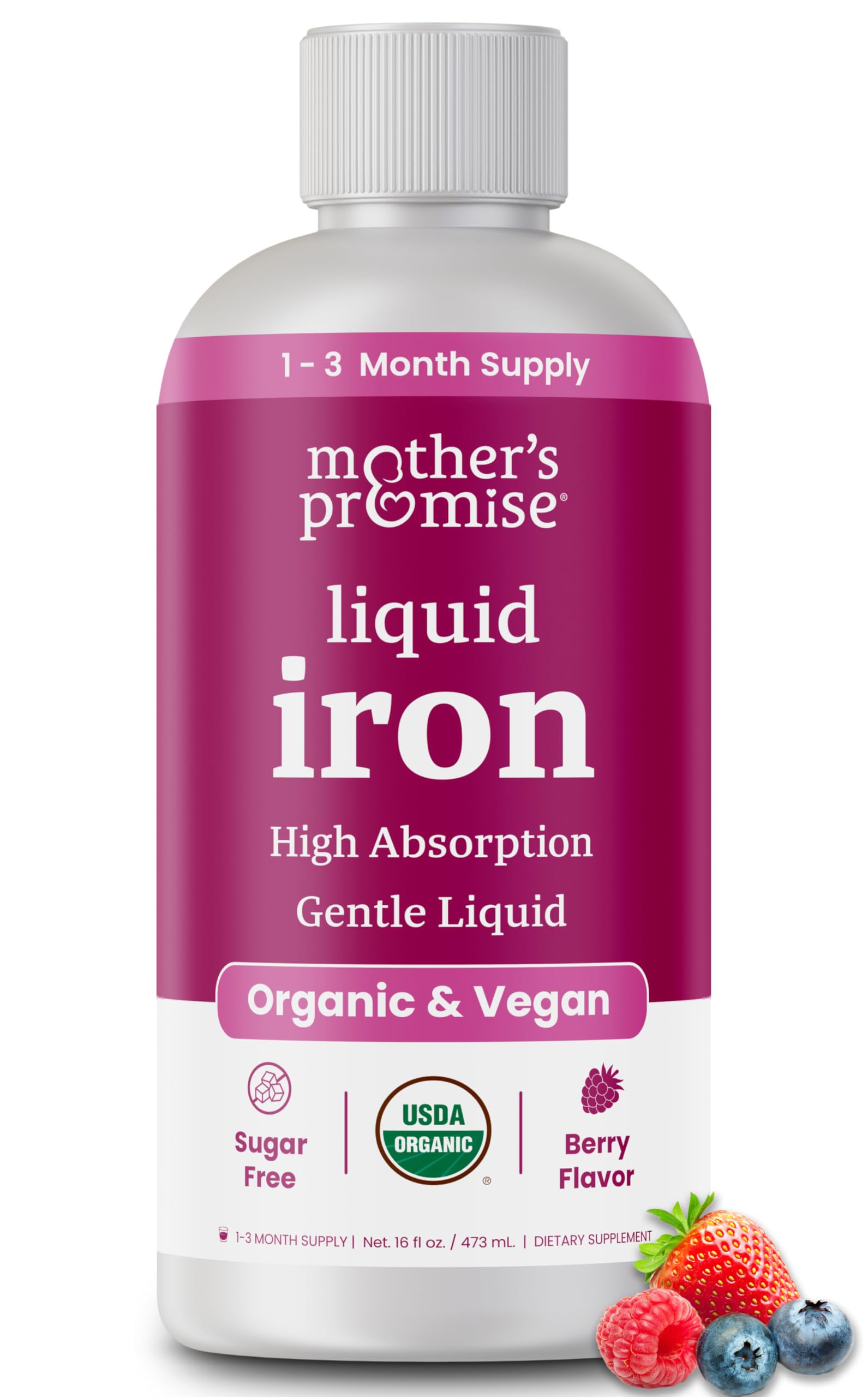 Organic Liquid Iron Supplement for Women, Men & Kids with Vitamin C | Sugar Free Natural Berry Flavor Non Constipating Vegan Ferrochel