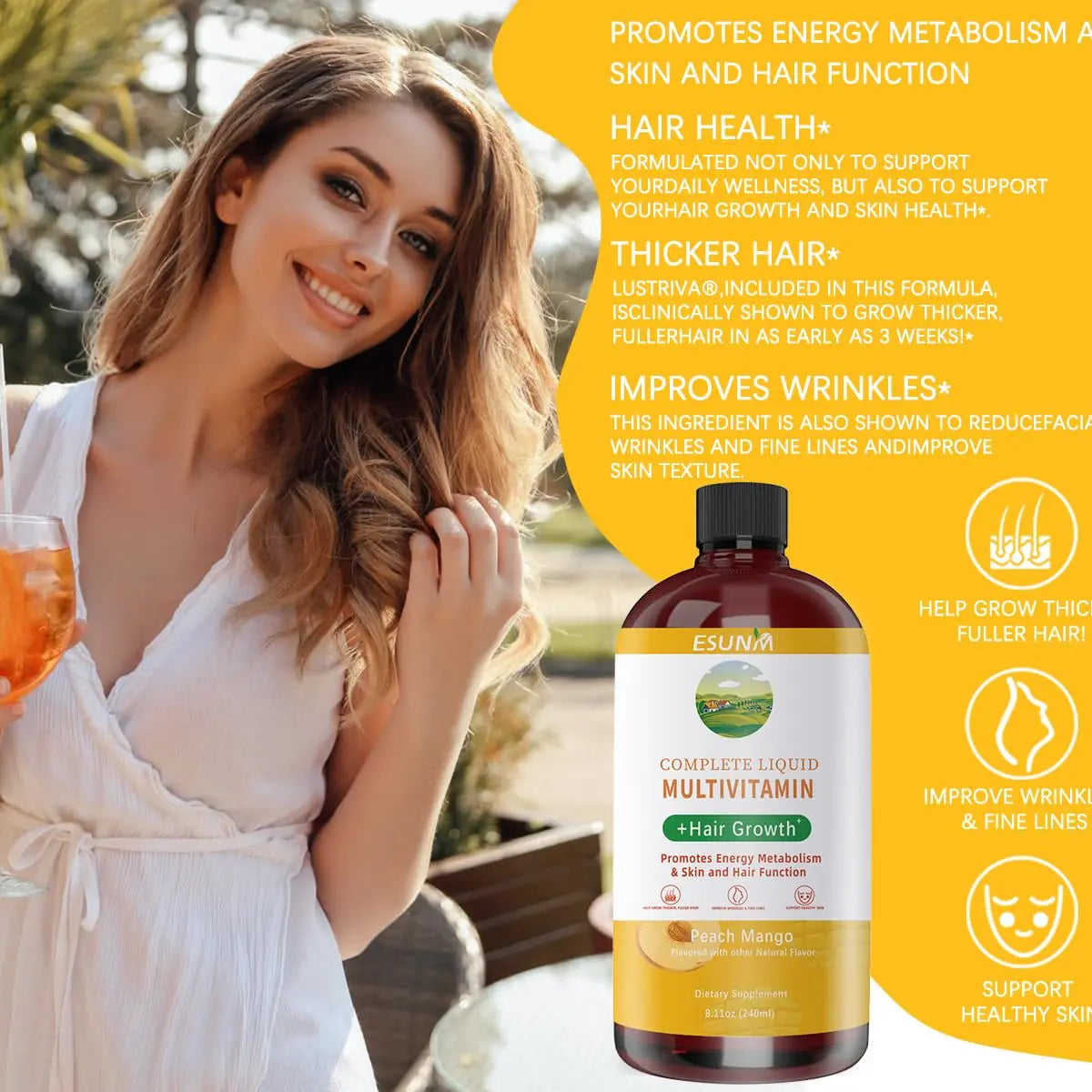 ESUNM Complete Liquid Multivitamin + Hair Growth, Promotes Energy Metabolism& Skin and Hair Function| Vitamin C D | B Vitamins | ESUNM Au supplements