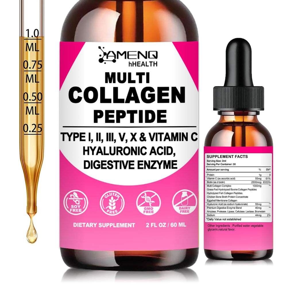 Multi Collagen Peptides Liquid Drops for Women & Men, Hydrolyzed Collagen Peptides Type
