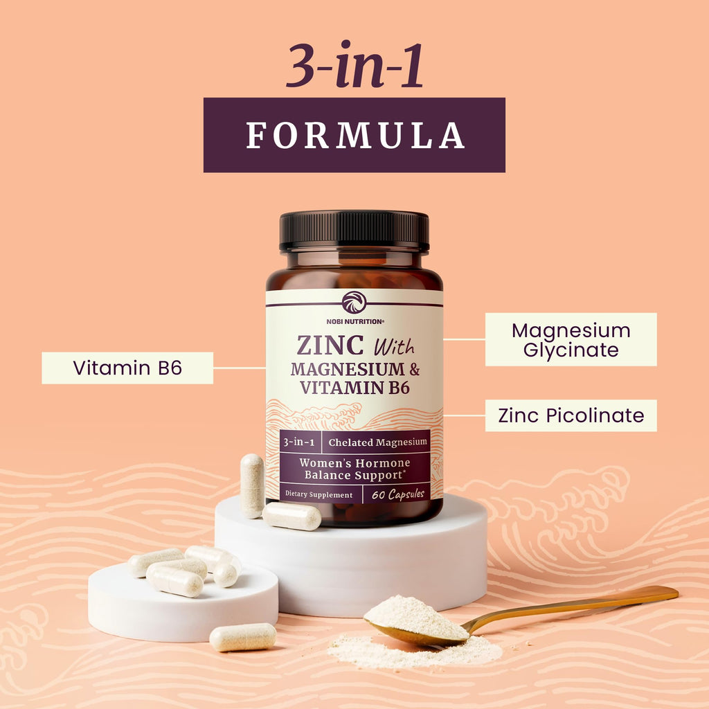 Zinc and Magnesium Supplement with Vitamin B6 | Women’s Hormone Balance, Menstrual Cycle & Immune Support | High Absorption Chelated Magnesium Glycinate with Zinc Picolinate and VIT B6 | 60 Ct Nobi Nutrition Au supplements