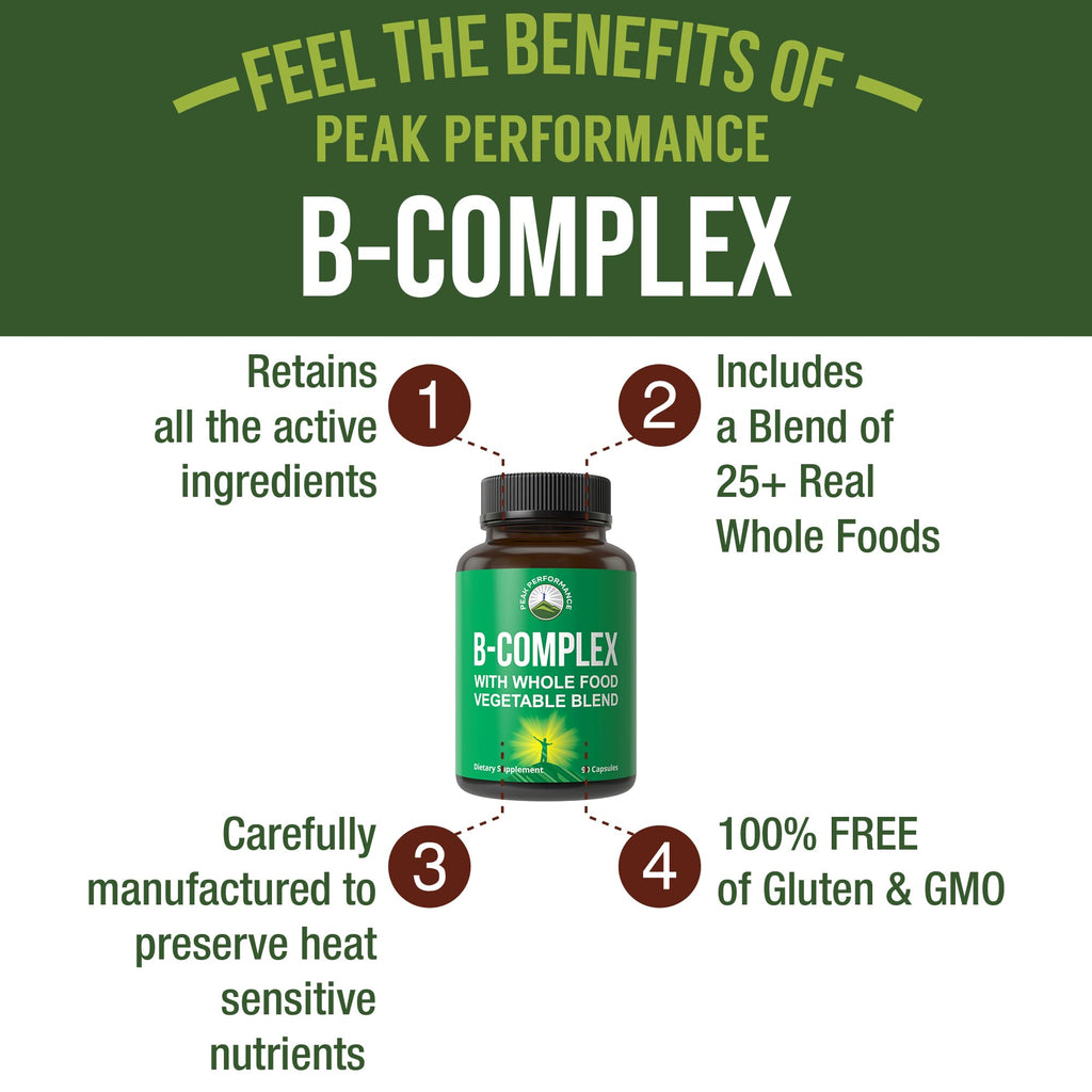 Vitamin B Complex Capsules + Whole Food Blend of 25 Vegetables and Fruits for Max Absorption. Best Vegan B-Complex Supplement with Vitamin B1, B2, B3, B5, B6, B7, B9 and B12. 90 Capsules. Energy Boost Peak Performance Au supplements