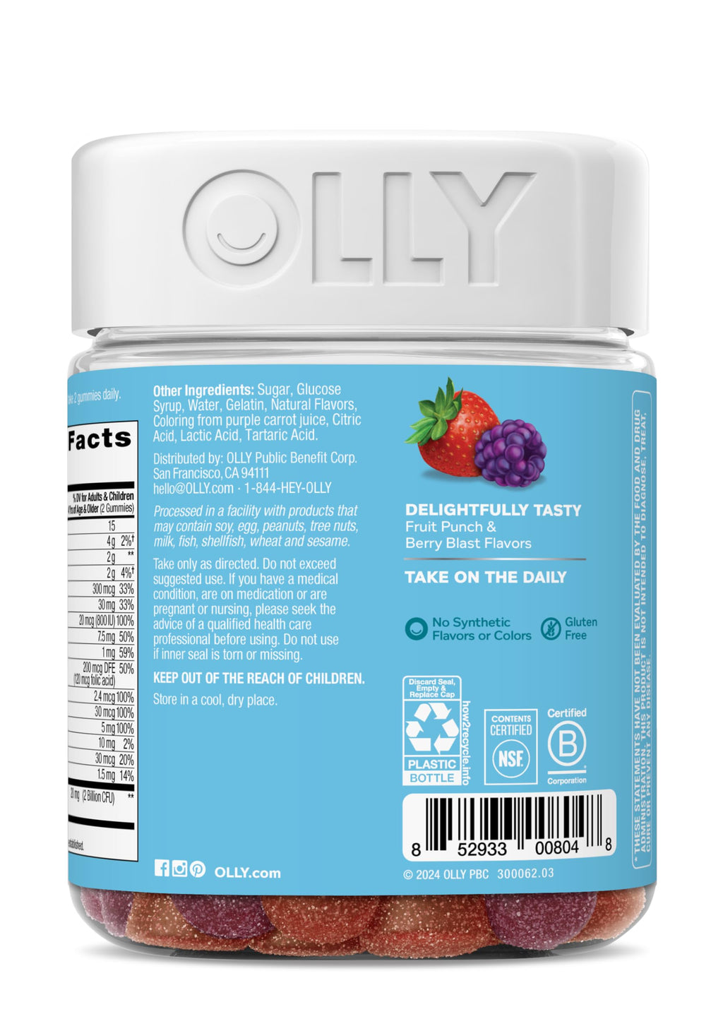 OLLY Kids Multivitamin & Probiotic Gummy, Digestive Support, Vitamins A, D, C, E, B, Zinc, Chewable Supplement, Berry Flavor, 50 day supply - 100 Count