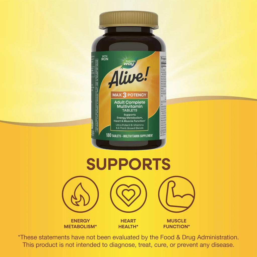 Nature's Way Alive! Max3 Potency Daily Multivitamin, Methylated B12 and Folate, Ultra Potency B-vitamins to Support Energy Metabolism*, 180 Tablets Nature's Way Au supplements