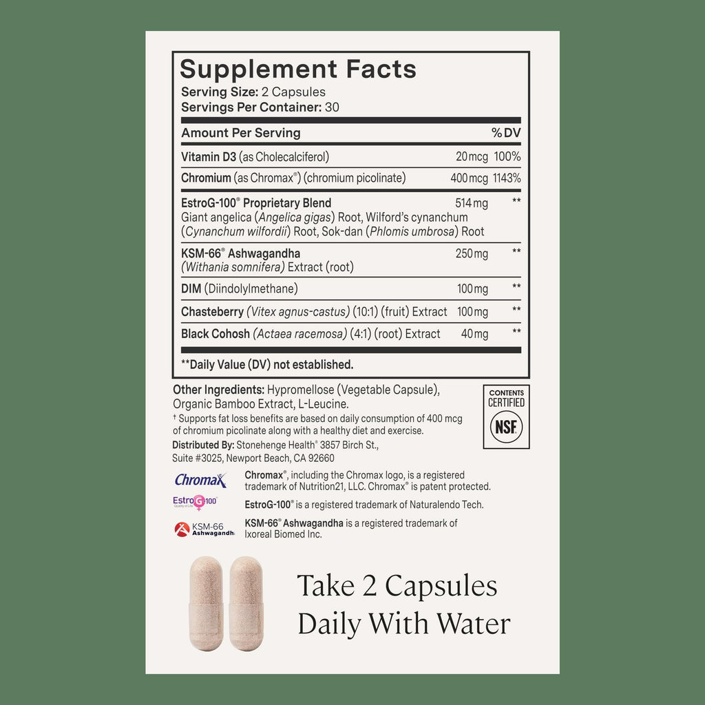 Stonehenge Health for Women Menopause Support for Peri + Menopause + Post - Mood, Energy, Stress, Hot Flashes, Night Sweats, Sleep & Cortisol, Chromax Chromium, Vitamin D3, KSM-66 Ashwagandha Extract Stonehenge Health Au supplements