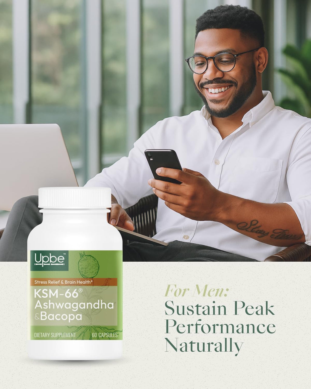 Upbe Ashwagandha Supplements for Women & Men - KSM-66® with Bacopa & Milk Thistle, 60 Vegan Capsules - Stress Relief, Mood, Cortisol Support, Extra Strength Ashwagandha Capsules Upbe Au supplements