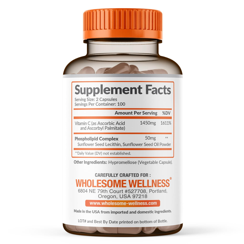 Wholesome Wellness Liposomal Vitamin C Capsules (200 Pills 1500mg Buffered) High Absorption, Immune System & Collagen Booster, High Dose Fat Soluble Immunity