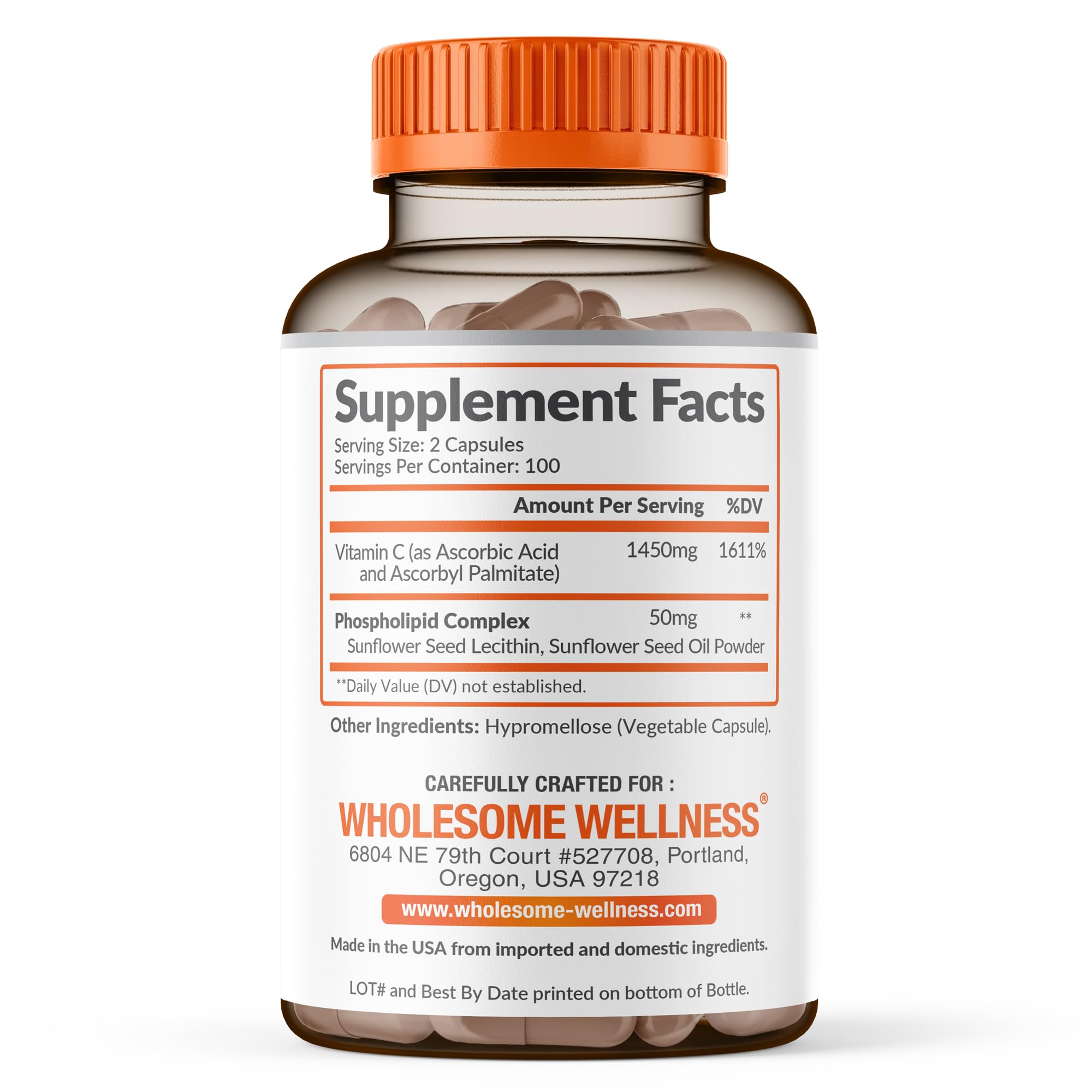 Wholesome Wellness Liposomal Vitamin C Capsules (200 Pills 1500mg Buffered) High Absorption, Immune System & Collagen Booster, High Dose Fat Soluble Immunity