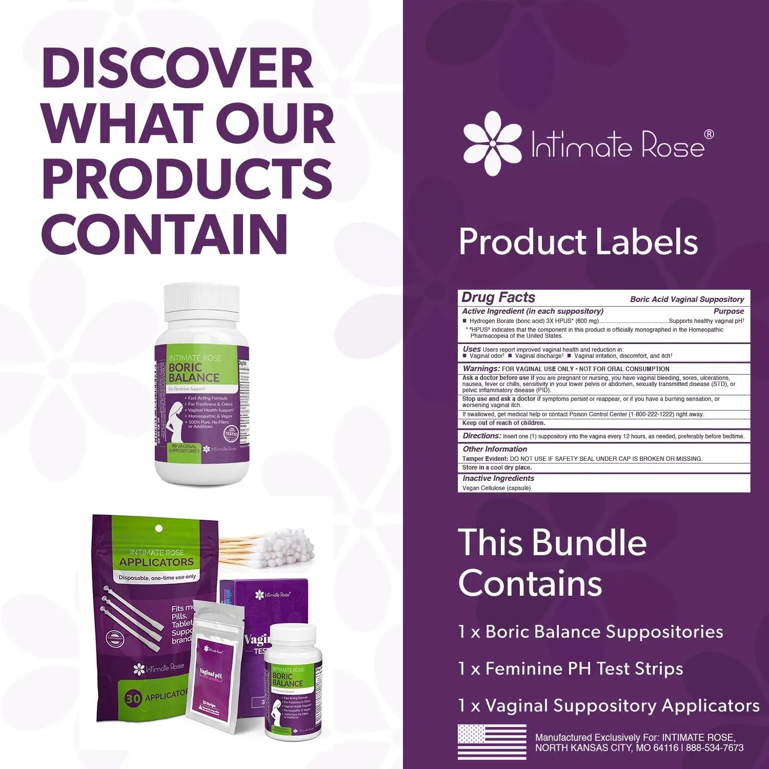 Intimate Rose Boric Acid Suppositories + 15 Count Vaginal Suppository Applicator + pH Test Strips Intimate Rose Au supplements