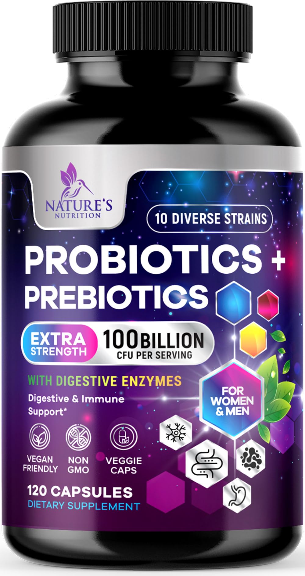 Probiotics 100 Billion CFU Per Serving - 10 Premium Strains + Prebiotics - Best Probiotic Supplement for Women & Men - Supports Immune, Digestive Health,