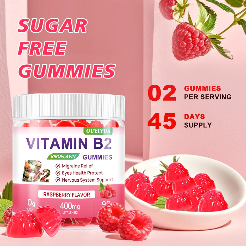 Vitamin B2 Gummies Riboflavin 400mg Supplement with Magnesium for Kids & Adults B2 Gummies for Migraine Relief, Headache Relief & Nervous System Support