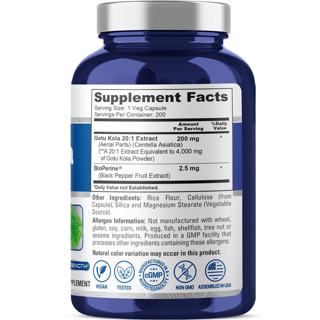 NusaPure Gotu Kola Capsules 20:1 Extract, 200 mg Equivalent to 4000mg Per Veggie Caps, 200 Count, Non-GMO, Vegan, Bioperine - Traditional Herb Extract NusaPure Au supplements
