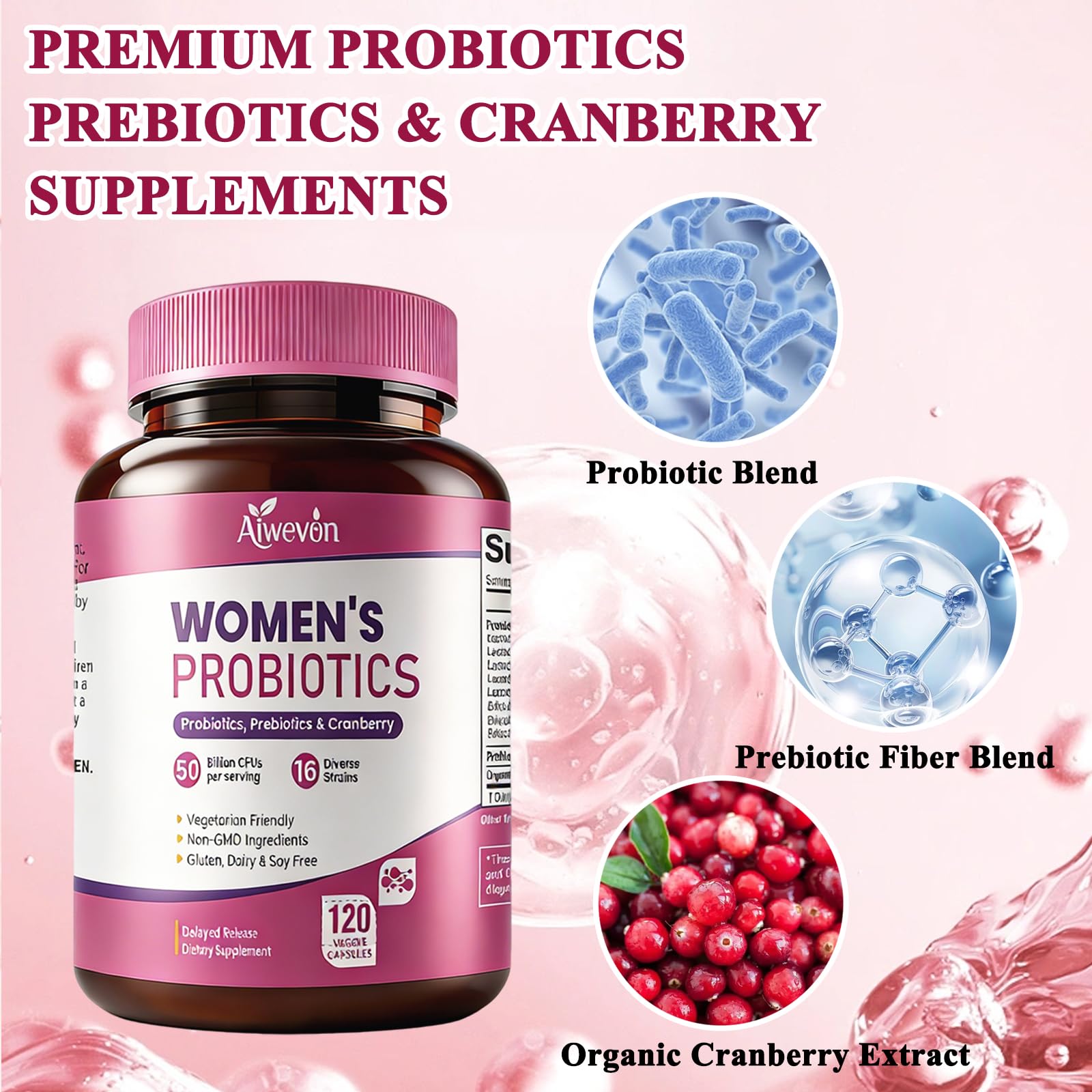 Women Probiotics 50 Billion CFU: Probiotics for Women with Prebiotics & Cranberry, 16 Strain Probiotic Supplement for Digestive Gut Health, Vaginal & Urinary Tract Support
