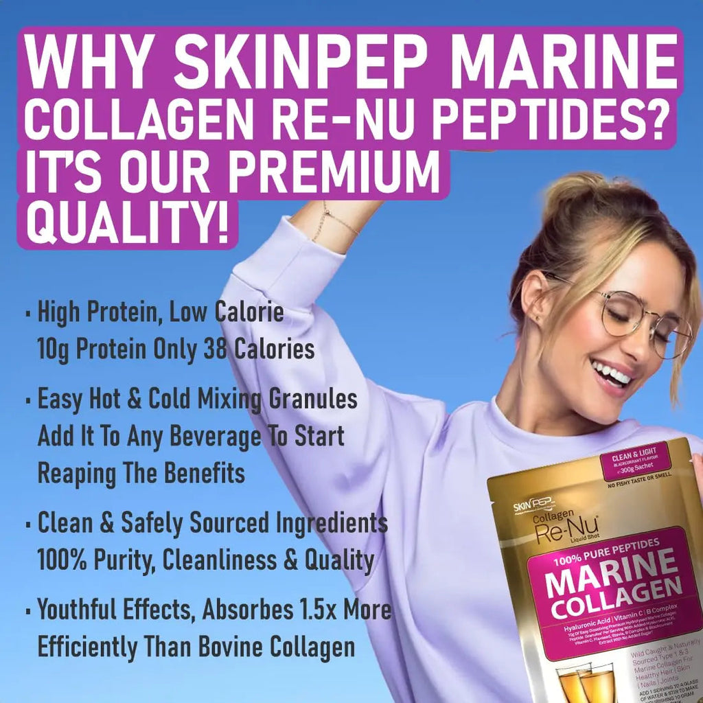 Premium Hydrolysed Marine Collagen Peptide Powder + VIT C, B Complex Hyaluronic Acid, & Stevia. Delicious Taste/No Fishy Smell - SkinPep® Collagen Re-Nu 300g - 30 Days Supply SkinPep Au supplements