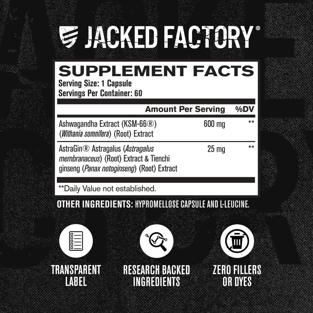 Jacked Factory Ashwagandha Root Extract (KSM-66 Ashwagandha) w/ 5% Withanolides - Supplement for Natural Stress Relief, Cognitive Function, Vitality, and Mood Support - 60 Veggie Capsules Jacked Factory Au supplements