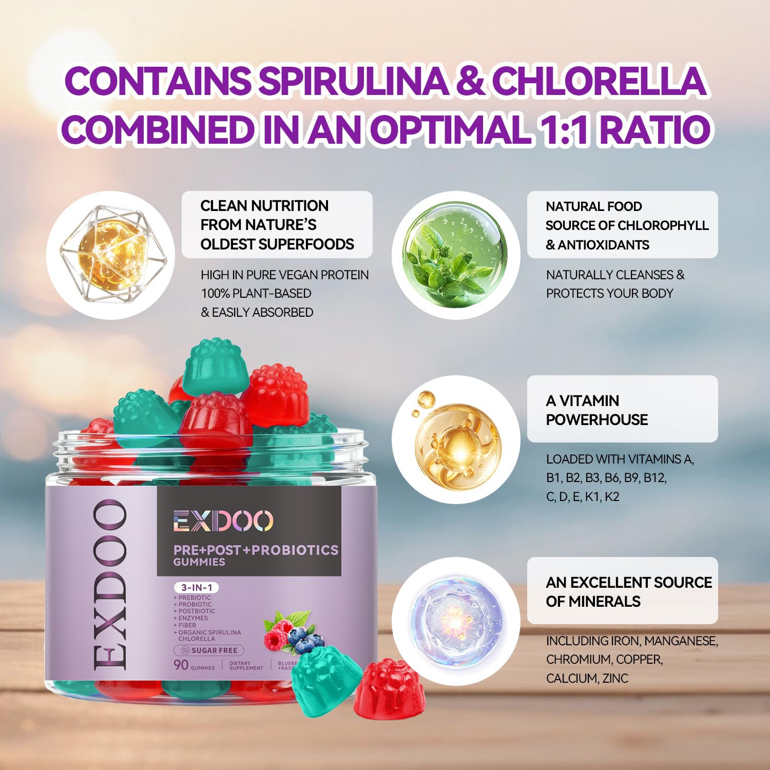 exdoo 3-in-1 Probiotic Gummies Prebiotic+Probiotic+Postbiotic with Organic Spirulina Chlorella Immune Gut & Digestive Support 90 Count exdoo Au supplements