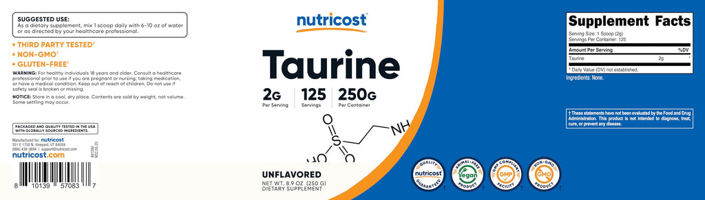 Nutricost Taurine Powder 250 Grams - 125 Servings, 2000mg Per Serving Nutricost Au supplements