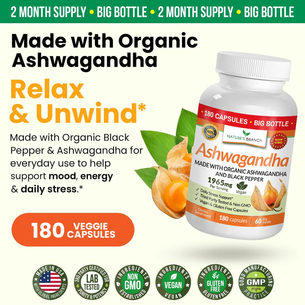 UDAF Certified Organic Ashwagandha with Black Pepper, 1965mg - Extra Strength for Stress, Sleep, Mood, Thyroid, Energy, Hair, Vegan Pure Root Extract Powder Supplement for Men and Women | 180 Capsules NATURE'S BRANCH Au supplements
