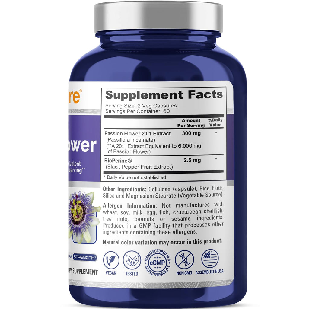 NusaPure Passion Flower 20:1 Extract, 300 mg Equivalent to 6,000mg, 120 Veggie Caps, Non-GMO, Bioperine, & Vegan Extract Supplement NusaPure Au supplements