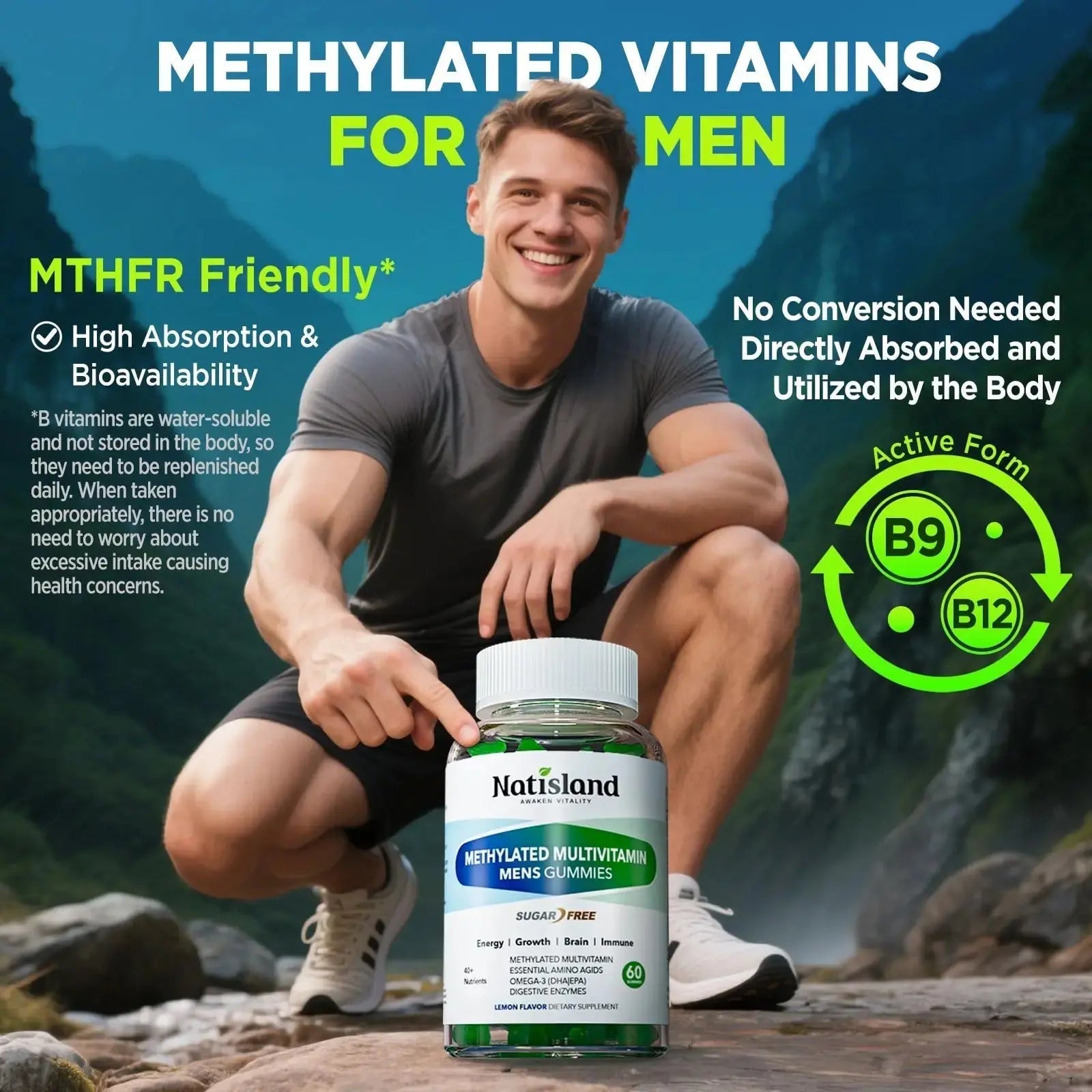 Methylated Multivitamin for Men Gummies, Men`s Multivitamins Gummies with Vitamin B Complex, A, C ,D3, E, K2, Calcium, Magnesium, Omega-3 NATISLAND Au supplements
