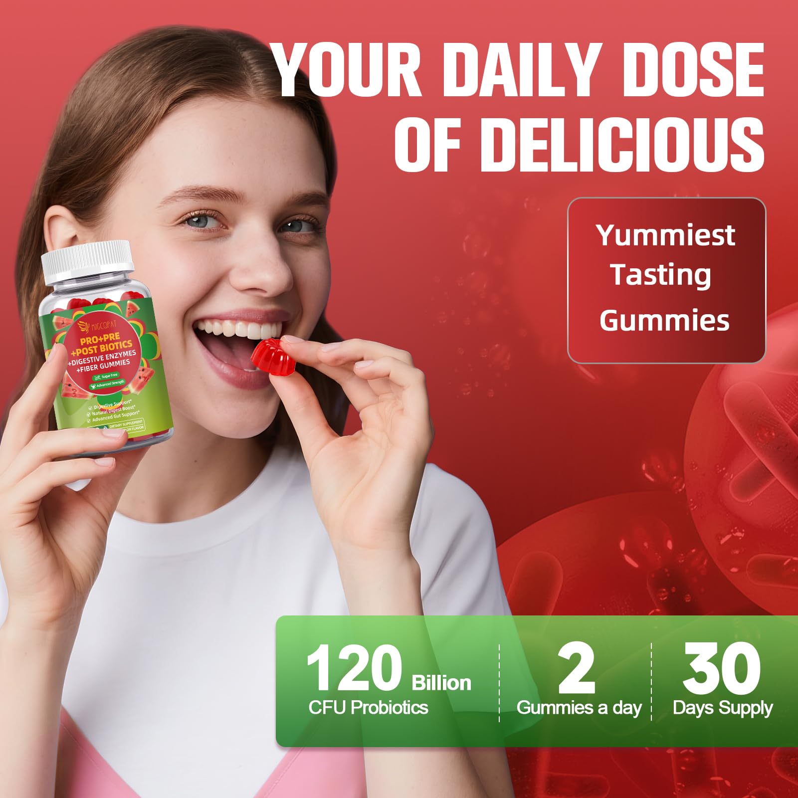 Migcopat Pre Post Probiotics Gummies, Probiotic Prebiotic Postbiotic Digestive Enzymes with Fiber, 120 Billion CFU Probiotics - Digestive Health