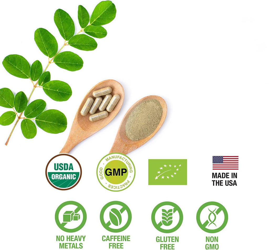 SUPREME HERBALS, 100% Raw and Pure Moringa Leaf Powder Capsules. Organic Certified Moringa Leaf. Natural Superfood with Essential Amino Acids
