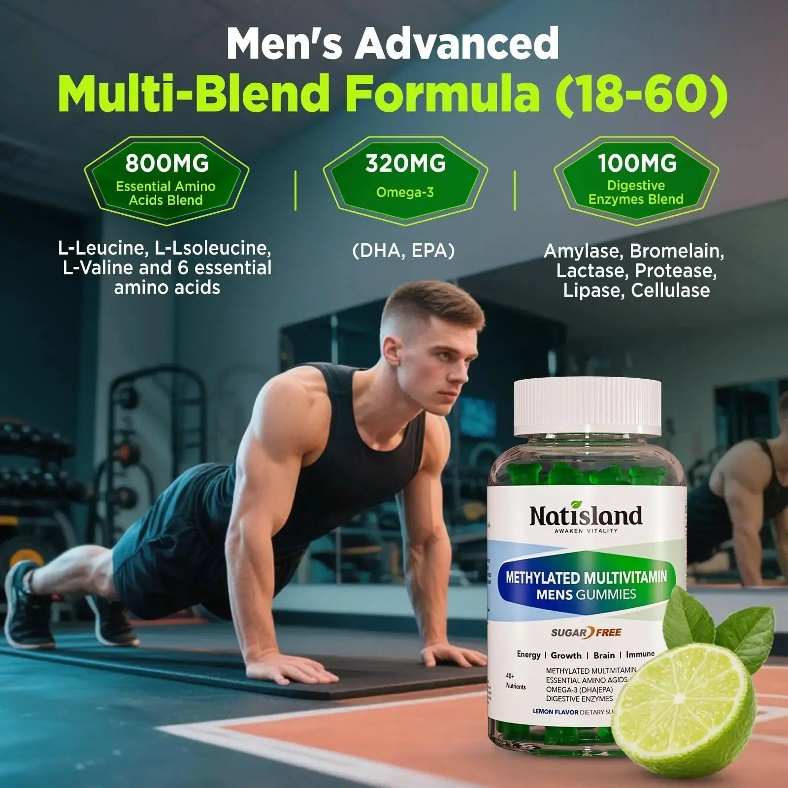 Methylated Multivitamin for Men Gummies, Men`s Multivitamins Gummies with Vitamin B Complex, A, C ,D3, E, K2, Calcium, Magnesium, Omega-3 NATISLAND Au supplements