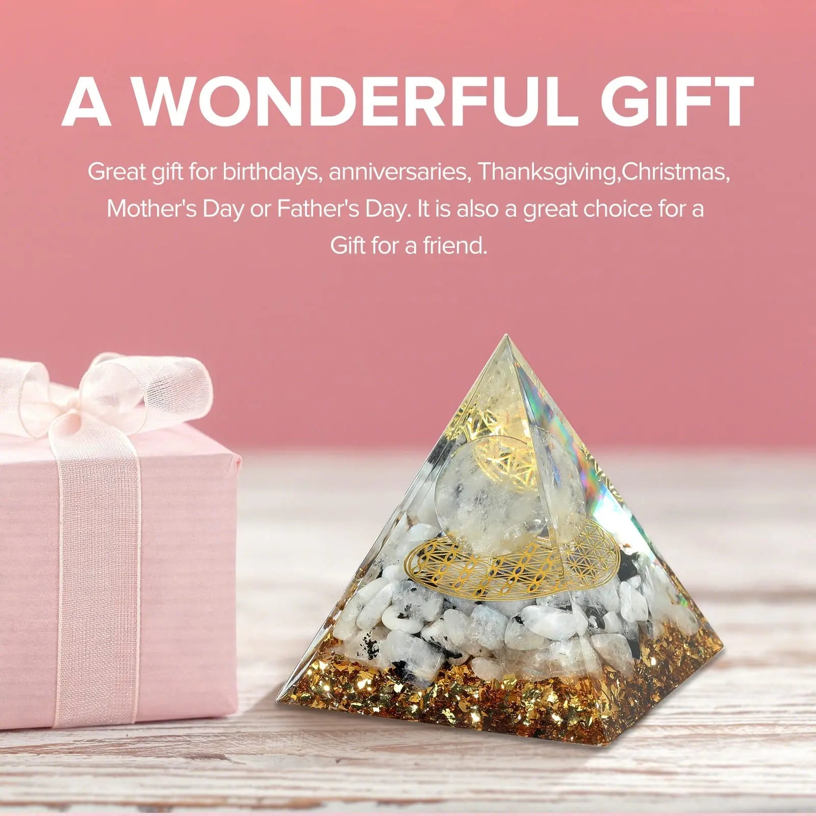 Hopeseed Orgone Pyramid for Positive Energy, Orgonite Rainbow Moonstone&White Crystal Hopeseed Au supplements