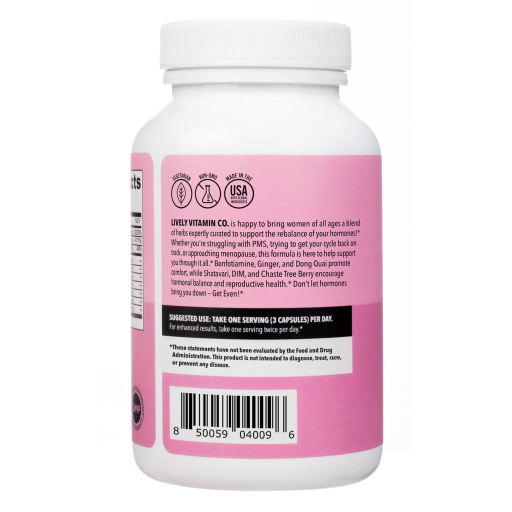 LIVELY VITAMIN CO. Get Even - Women's Hormonal Balance Blend - Helps Reduce Severity of Periods, PMS & Menopause - Eases Cramps & Bloating - Mood Regulation - Period Pain & Discomfort - 90 Count LIVELY VITAMIN CO Au supplements