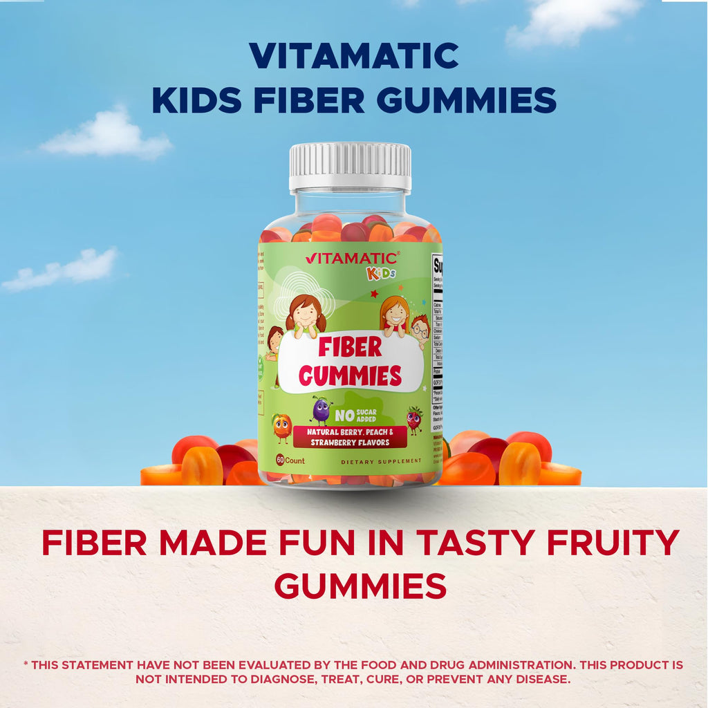 Vitamatic Kids Prebiotic Fiber Gummies – Extra Strength 4g Fiber – Zero Sugar Added – 60 Pectin-Based Gummies – Digestive Health & Regularity Support
