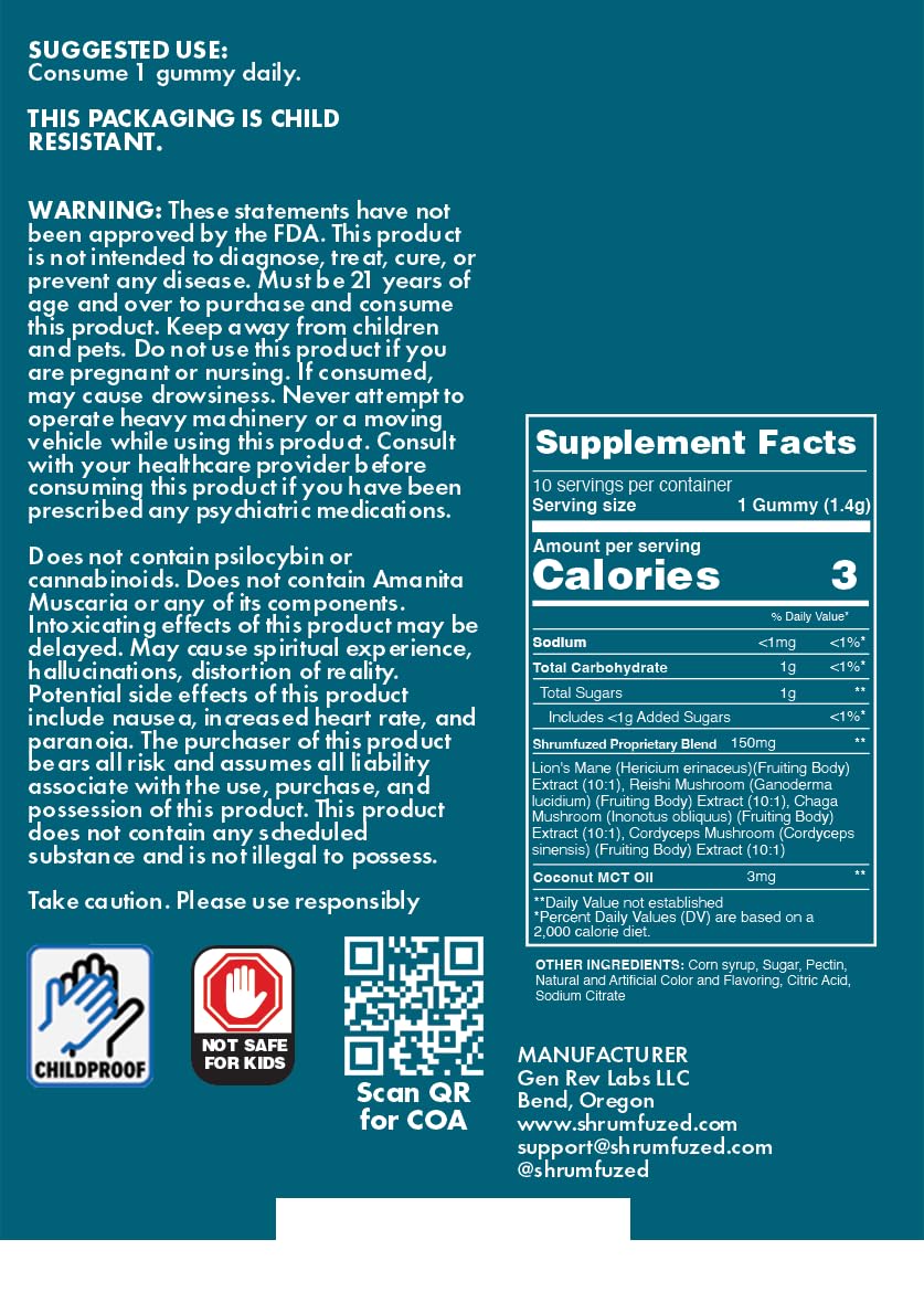 Shrumfuzed Miniz - Proprietary Nootropic Gummy 3200mg - Lion's Mane, Reishi, Chaga, Cordycep, and Proprietary Nootropic Mushroom Blend (10pk, Assorted) Shrumfuzed Au supplements