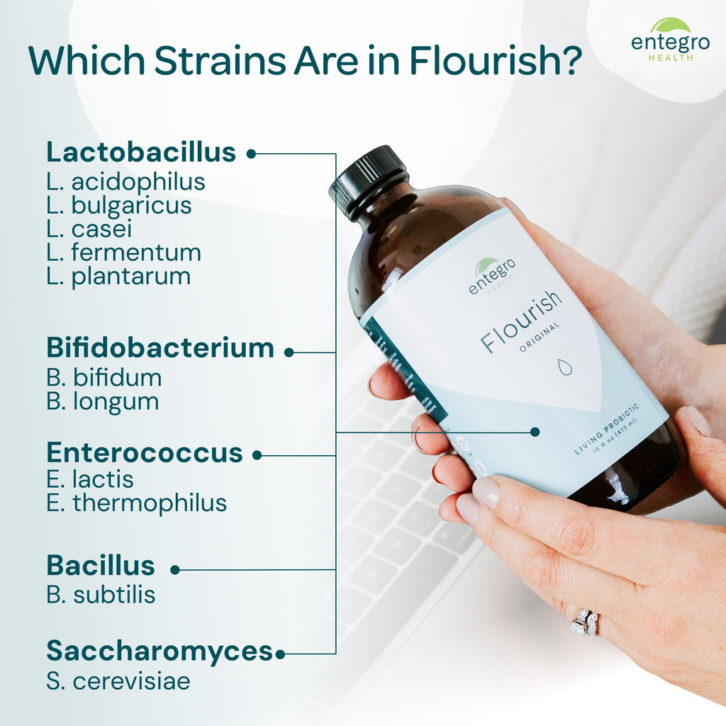 ENTEGRO Flourish Original Liquid Probiotic & Postbiotic Supplement - Glass | 11 Live Cultures | Gut & Digestive Health for Women, Men & Kids | Organic, Vegan