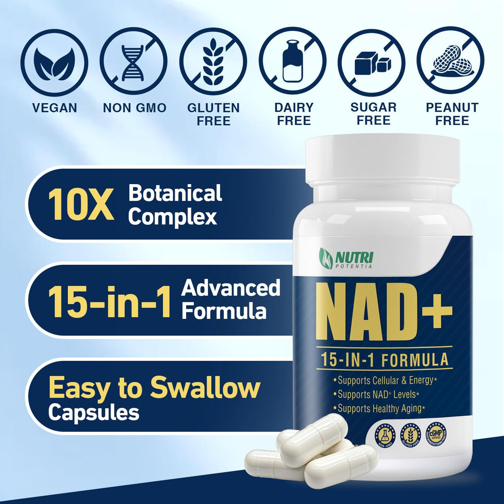NAD+ Supplement-NMN Upgrade Alternative,NAD Resveratrol Supplement 15-in-1 CoQ10 for Man & Women–Third-Party Tested(Made & Tested in USA).Supports Cellular Energy,Healthy Aging-Non-GMO - 60 Capsules NUTRI POTENTIA Au supplements