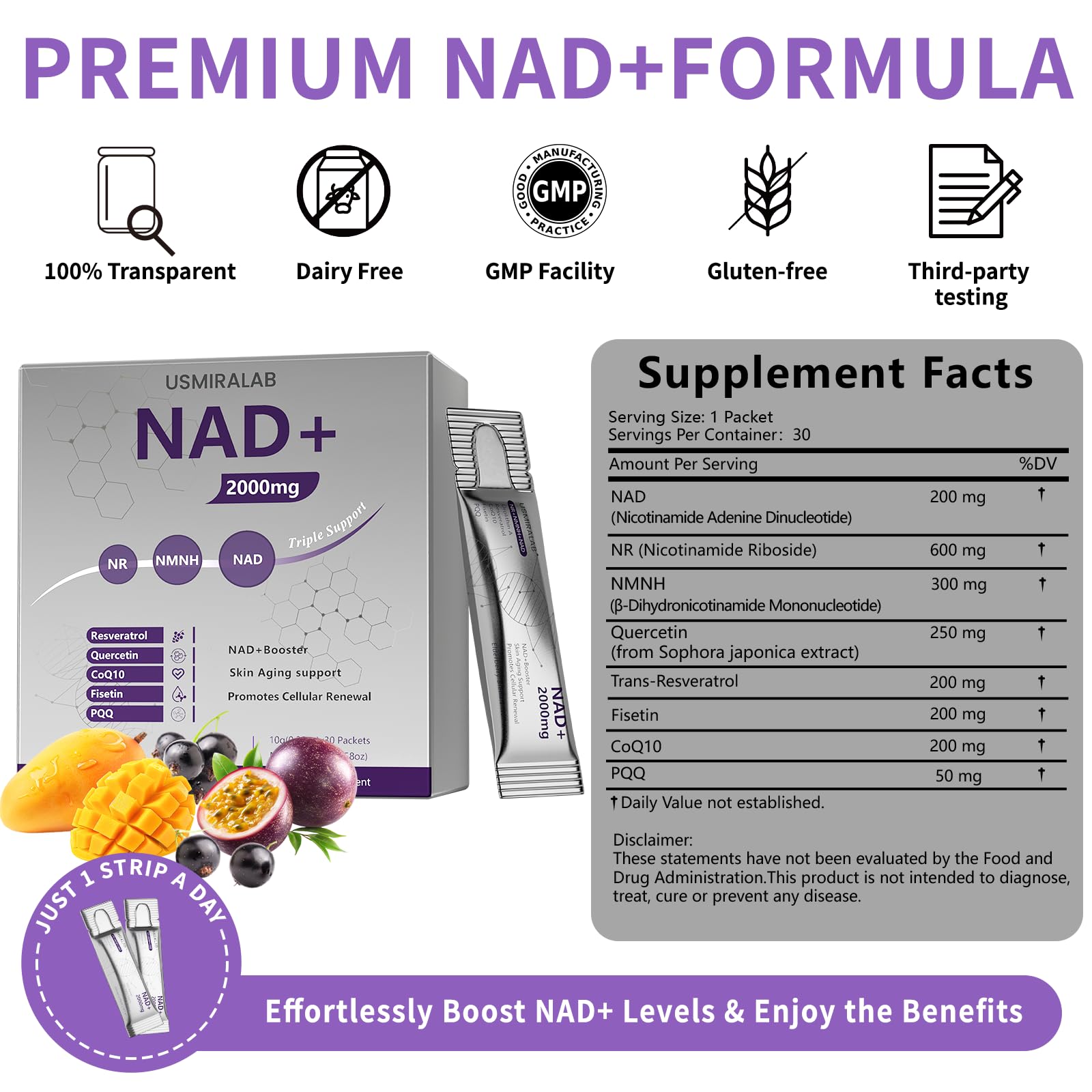 NAD+ Supplement Packets | 1000mg Liquid | Advanced Nicotinamide Riboside, Trans-Resveratrol, PQQ & Quercetin Complex for Cellular Energy & Healthy Aging Support - 2 Flavors (30 Count) USMIRALAB Au supplements