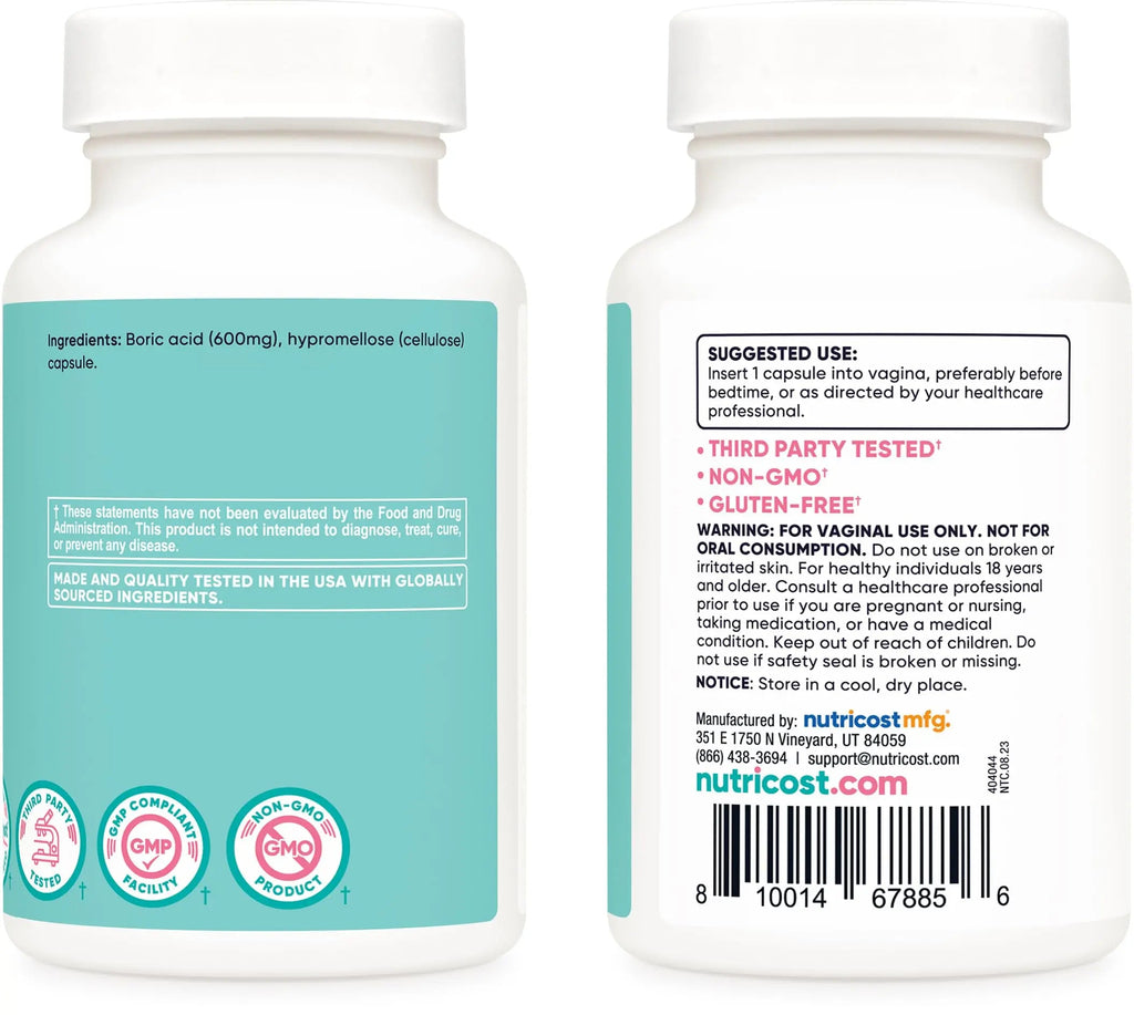 Nutricost Boric Acid 600mg, 60 Capsules - Vaginal Suppository - Non-GMO - for Women Nutricost Au supplements