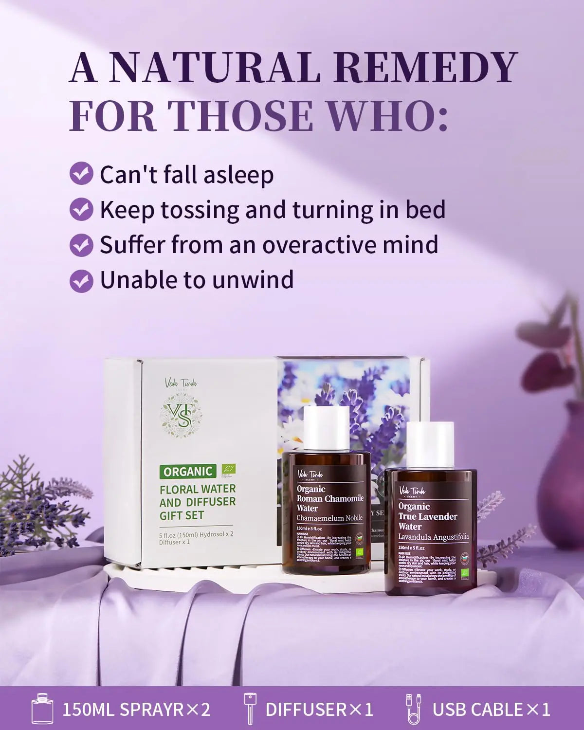 VTS Organic Lavender Water and Roman Chamomile Floral Water with Diffuser, Aromatherapy Air VEDA TINDA SCENT Au supplements