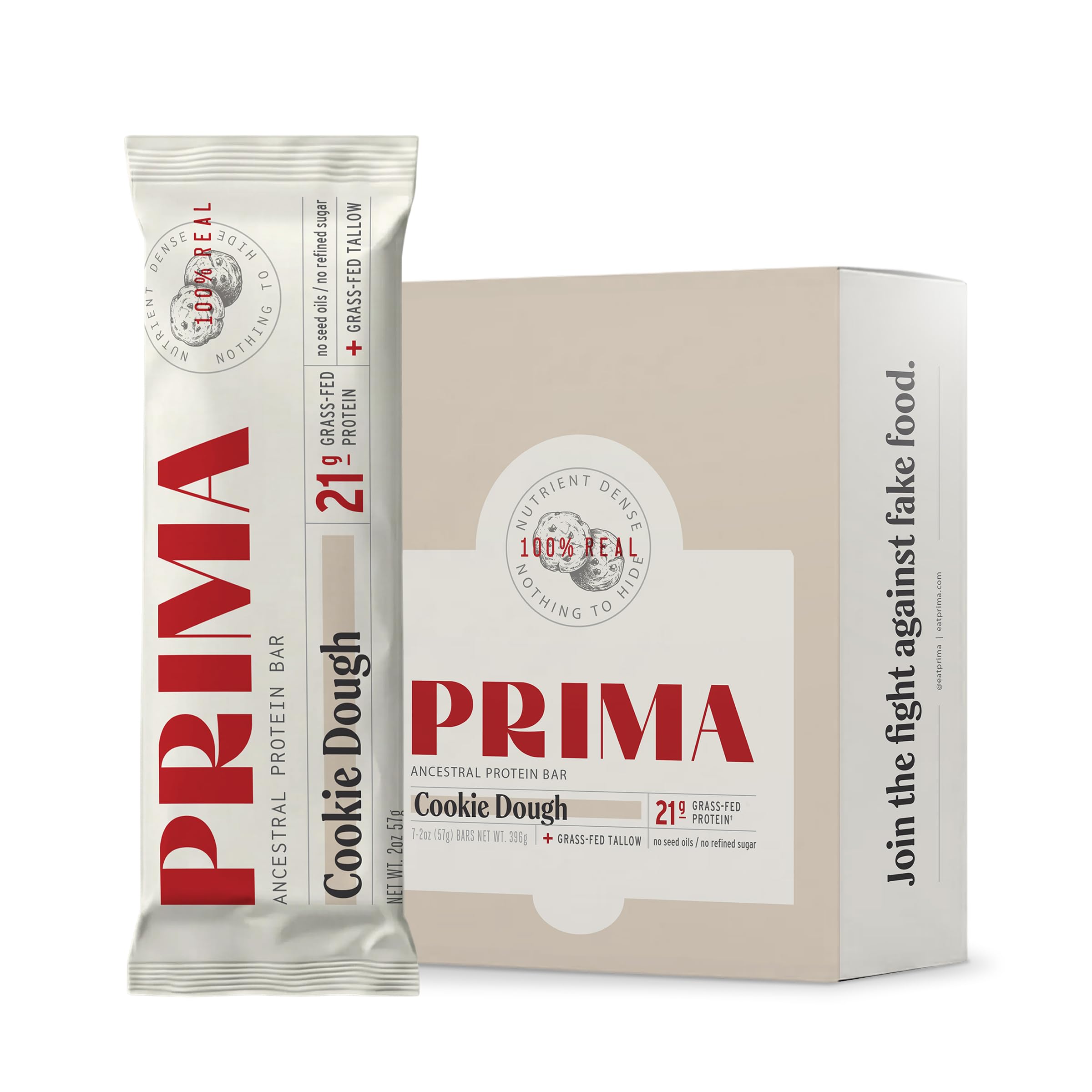 PRIMA Cookie Dough Protein Bar | 21g Grass Fed Whey and Collagen | No Seed Oils, No Preservatives, Raw Honey Sweetened | 7 Pack