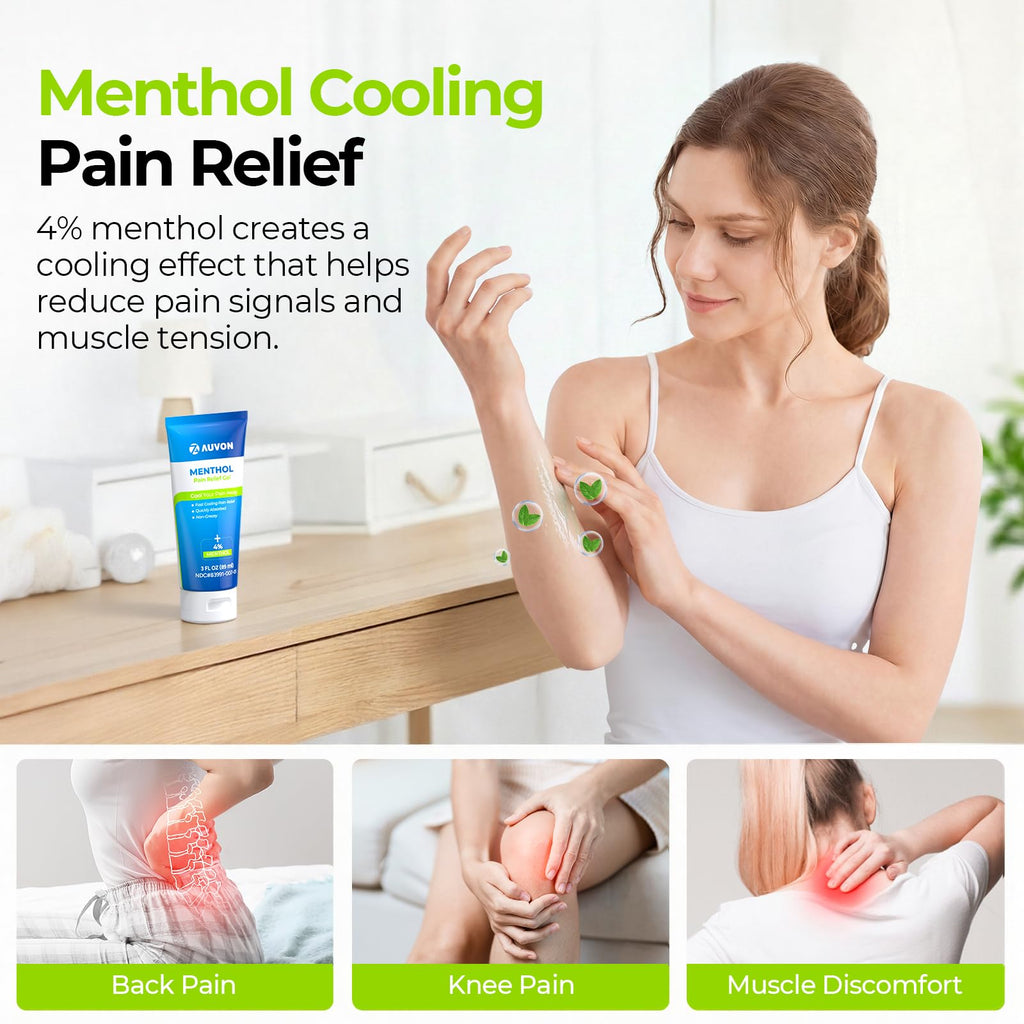 AUVON Menthol Pain Relief Gel for Chronic Joint & Back Pain, Arthritis Pain Reliever for Muscle Pain Relief, Fast-Acting Menthol Cooling Gel Soothes Knee, Hip, Shoulder, Neck Pain, 3 FL OZ Per Pack AUVON Au supplements