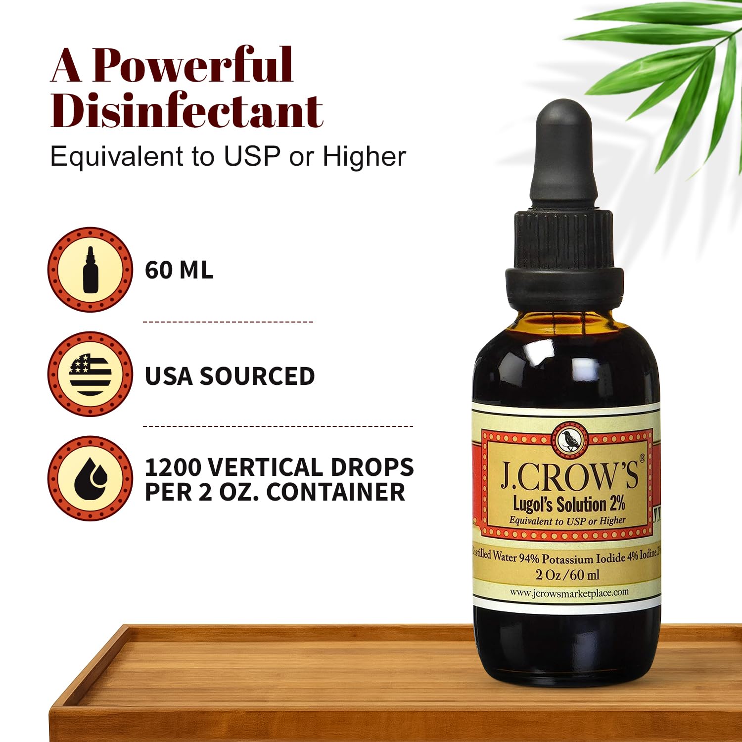 J.CROW'S® Lugol's Solution of Iodine 2% 2 oz (1 Bottle) – Premium Iodine & Potassium Iodide Liquid, Gluten