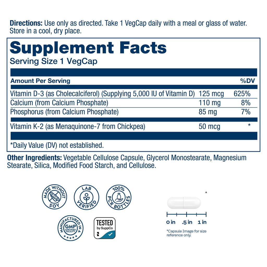 SOLARAY Vitamin D3 K2 - Bone Health and Immune Support Supplement - With 5000 IU Vitamin D as Vit D3 and 50 mcg Vitamin K2 as Menoquinone MK7, Made Without Soy