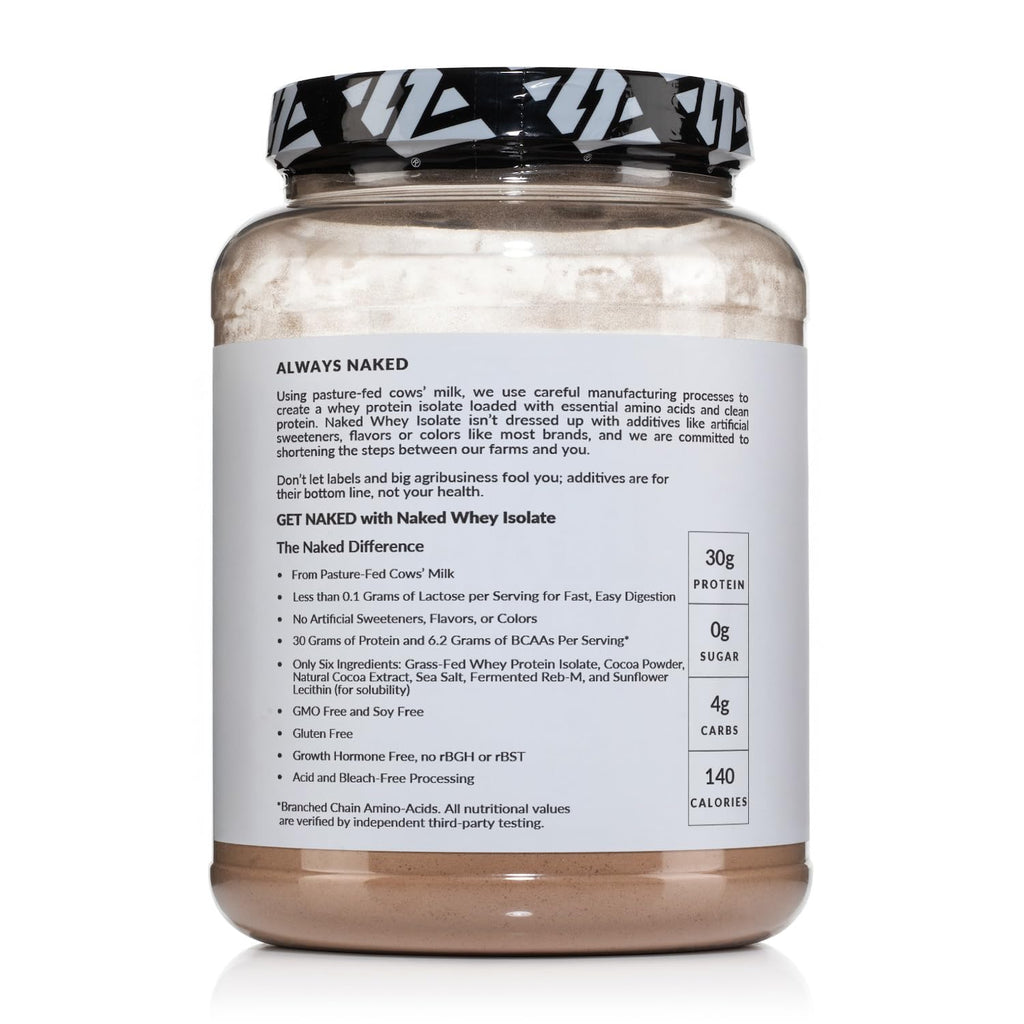 NAKED Chocolate Whey Isolate Protein - Only 6 Ingredients, 30g Grass-Fed Protein, Undenatured, No GMO, No Soy, Gluten-Free, No Preservatives - 24 Servings