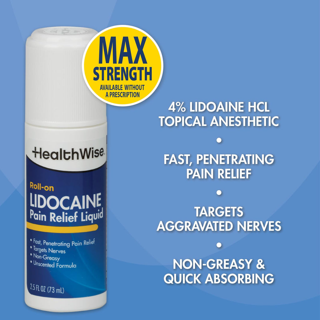 HealthWise 4% Lidocaine Roll-On | OTC Strength | Pain Relief Liquid | 2.5 oz. 73 mL | Non-Greasy, Unscented Formula | Topical Anesthetic HealthWise Au supplements