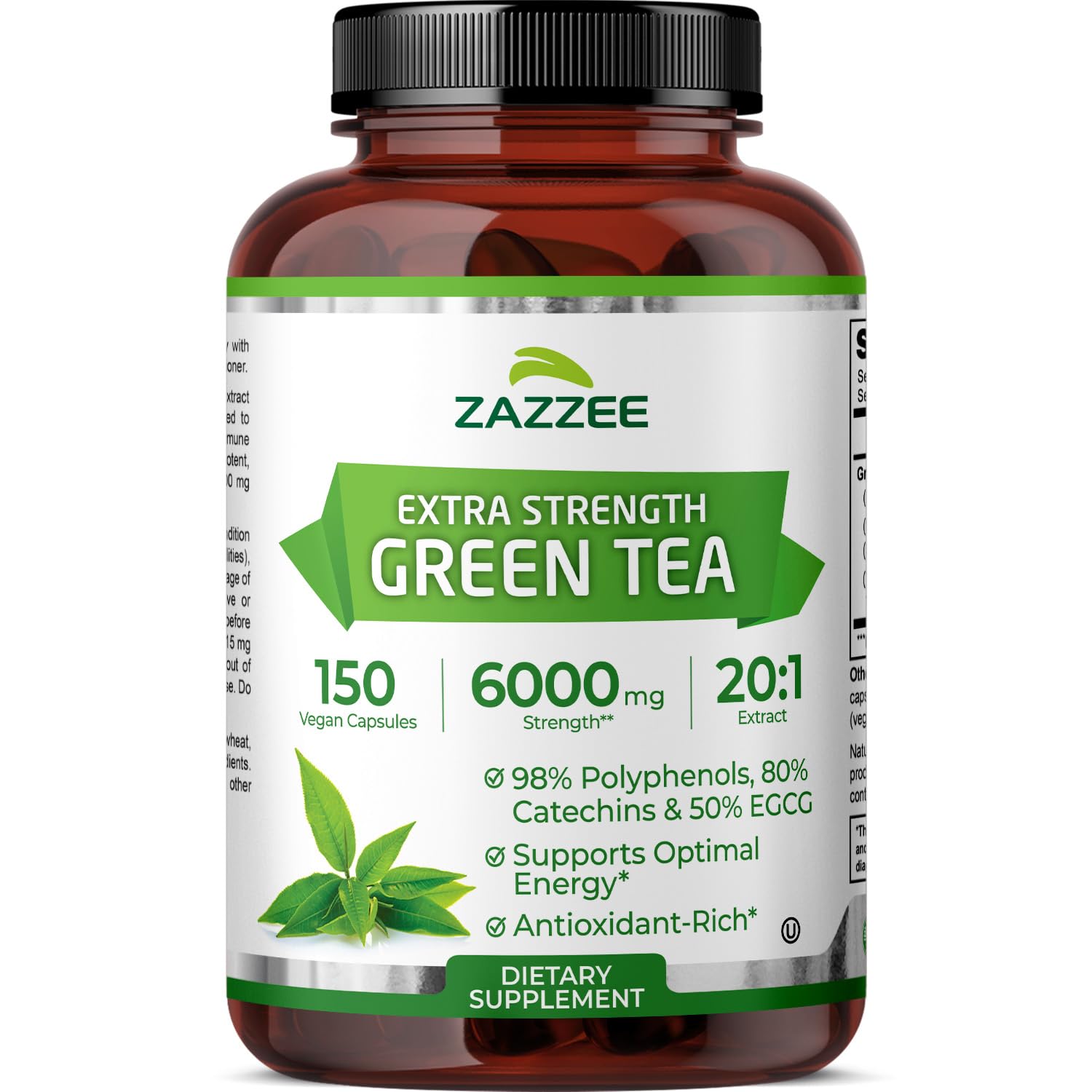 Zazzee Extra Strength Green Tea 20:1 Extract, 50% EGCG, 98% Polyphenols, 80% Catechins, 150 Vegan Capsules, 5 Month Supply, Certified Kosher